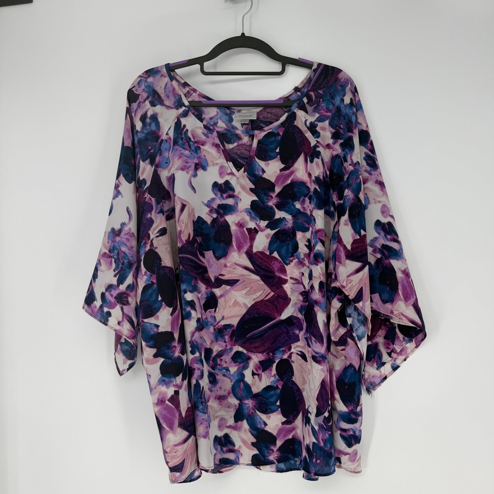 Avenue Blouse Womens 18/20 Purple Floral Kimono Sleeve Strappy V-Neck Boho Flowy